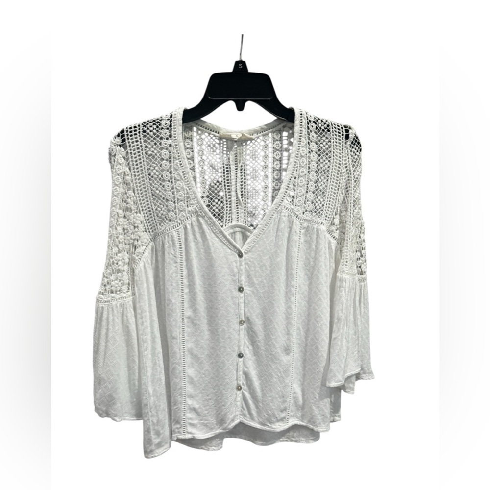 Love Stitch White Crochet Boho Women’s Top Bell Sleeves Relaxed Fit: S